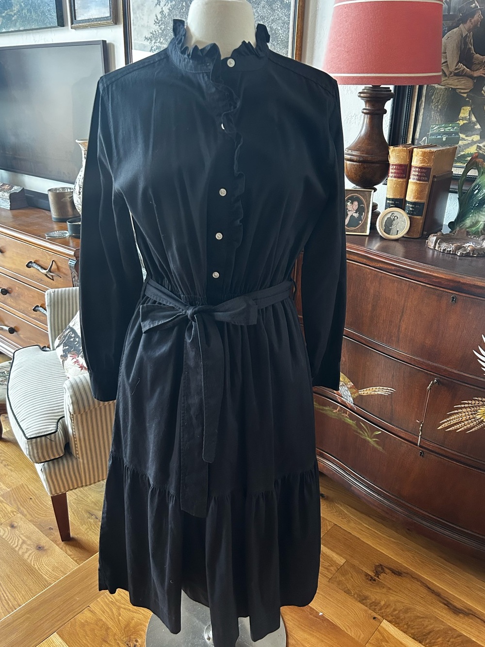 Black Ruffle-Neck Long Sleeve Tie-Waist Dress
